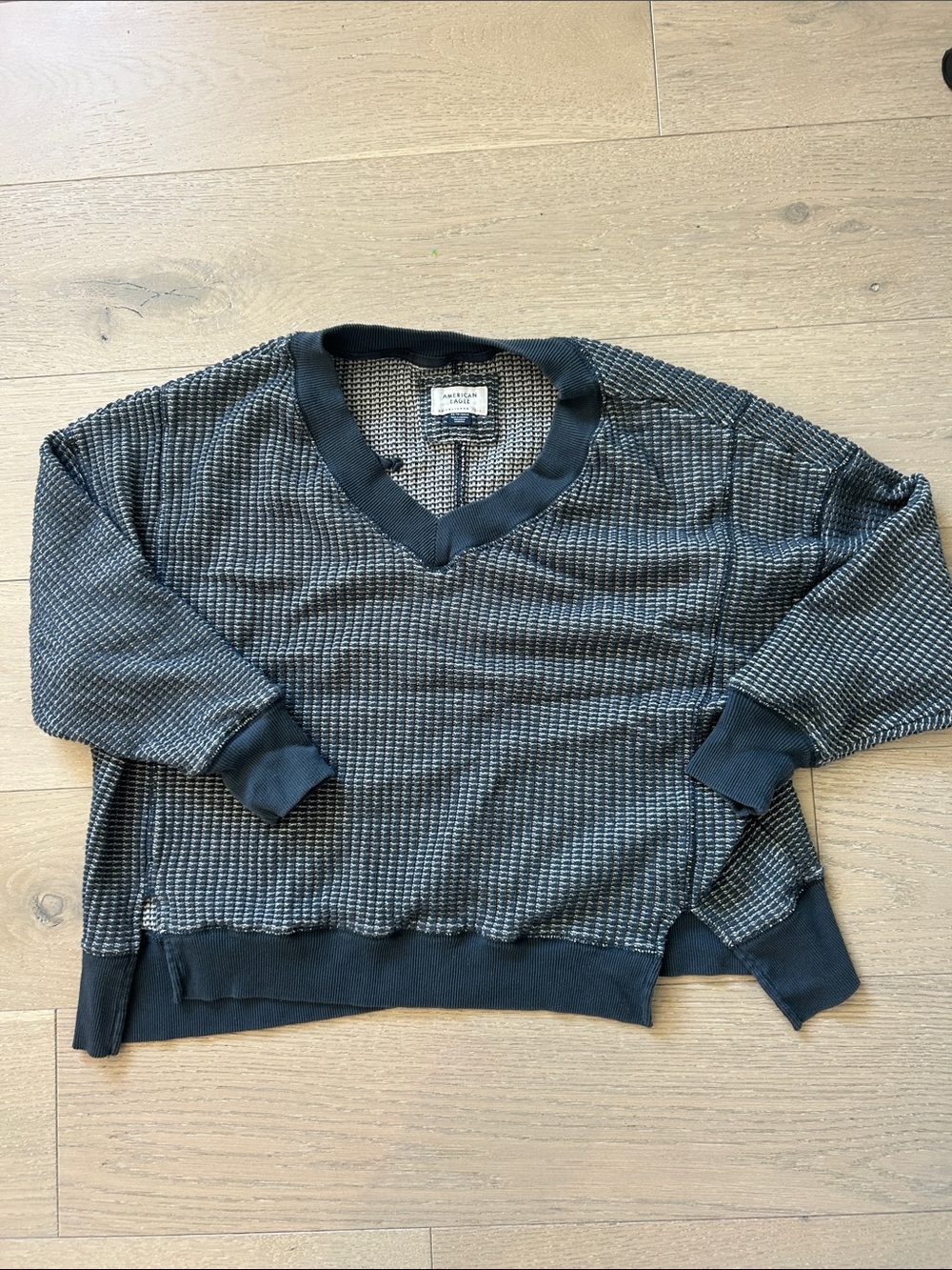 American Eagle Outfitters grey blue Waffle V-Neck Sweater